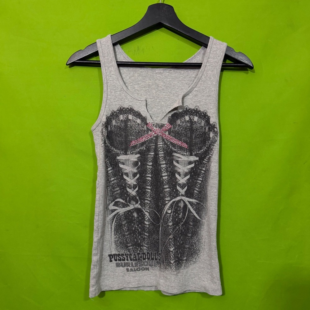 S Pussycat Dolls Burlesque Saloon Tank Top Grey Rhinestone Corset Graphic Y2K